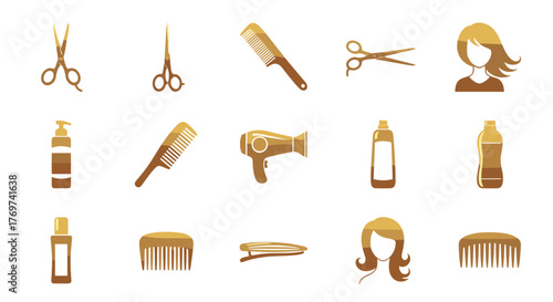 Golden icons of hairdressing and beauty salon tools and accessories, including scissors, combs, hair dryer, shampoo bottles, hair clip, and female hairstyle silhouette, set against a black