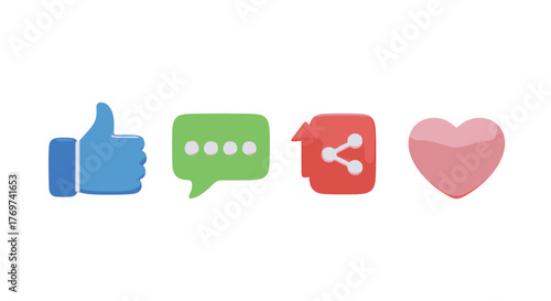 A vibrant 3D rendering showcases a collection of popular social media icons: a blue thumbs-up for likes, a green speech bubble with ellipses for comments, a red square with an upload arrow and share