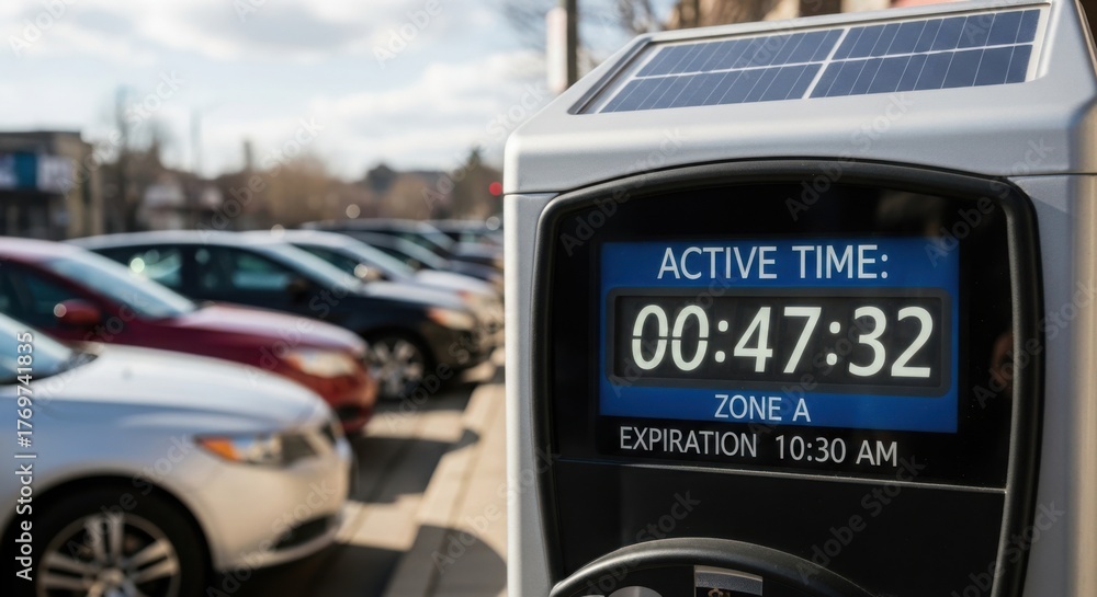 Obraz premium Parking meter displaying active time in urban setting