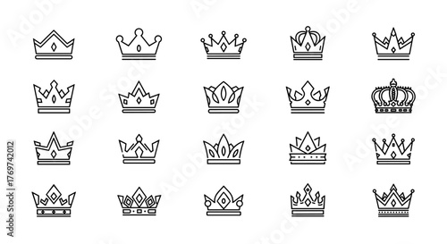 Collection of 20 unique hand-drawn crown icons in white outline on a black background, representing royalty, power, and luxury, perfect for graphic design, logos, and branding elements.