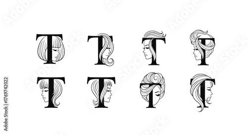 Elegant Monochromatic "T" Monogram Designs Featuring Stylized Female Profiles and Intricate Hair Details, Perfect for Branding and Luxury Aesthetics, Set Against a Stark Black Background for Maximum