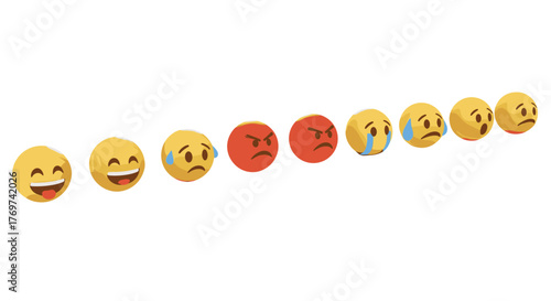 A dynamic 3D render showcases a spectrum of emoji emotions, transitioning from playful and silly to distressed and angry, presented in a clean, isolated black background, perfect for digital