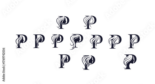 Elegant Monogram 'P' Design Featuring a Stylized Female Profile Silhouette with Flowing Hair, Set Against a Dark Background, Ideal for Branding, Beauty, Fashion, and Luxury Businesses.