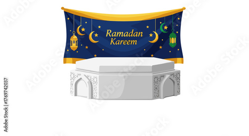 Ramadan Kareem Islamic Celebration Podium Display with Crescent Moons, Stars, and Traditional Lanterns on a Festive Blue Banner Background, Ideal for Religious Events and Cultural Presentations