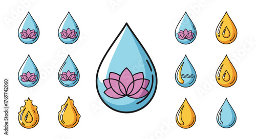 Set of stylized water drops, some containing a pink lotus flower, others with wavy lines or smaller drops, and some in a golden yellow hue, symbolizing purity, nature, and essential liquids for
