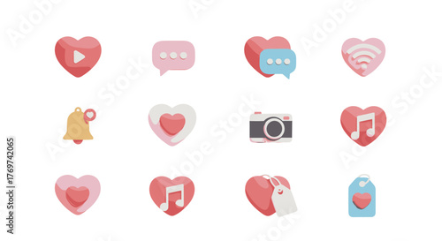 Collection of 3D social media icons in heart shapes, including play button, chat bubbles, wifi signal, notification bell, camera, music note, and tag, rendered in vibrant pink and pastel colors
