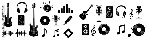 Dynamic collection of musical instruments and audio equipment icons for vibrant creative projects
