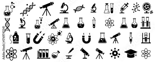 Discover the wonders of science with this vibrant collection of icons featuring DNA, microscopes, telescopes, flasks, atoms, and magnets, perfect for educational projects.