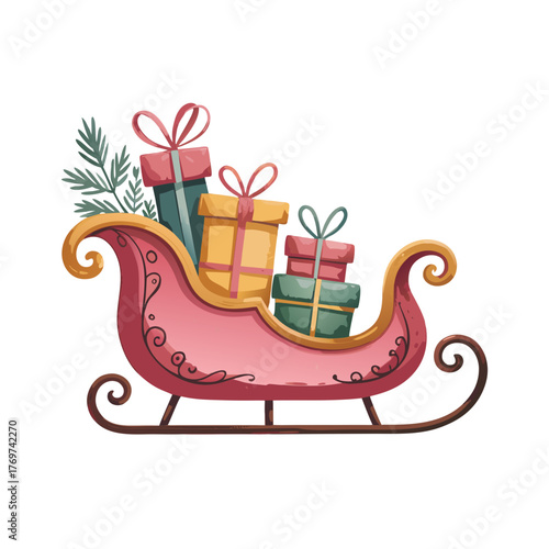 pink themed santa sleigh with presents in back, a
simple, cute flat vector illustration for a childrens book