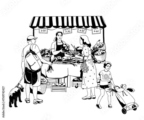 Farmers market scene with man and women buying vegetables  from local vendor. Market stall. Black and white outline vector illustration