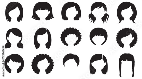 Vector Silhouette Collection of Women Hairstyles and Haircuts Icons on White Background