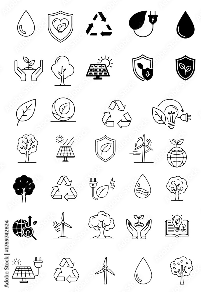 Fototapeta premium Stunning collection of clean line art icons representing renewable energy, sustainability, and environmental protection concepts for modern design