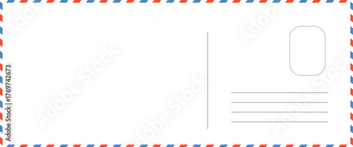 blank postcard template with place for stamp. white paper texture. airmail postcard with red and blue border