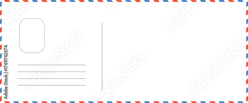 blank postcard template with place for stamp. white paper texture. airmail postcard with red and blue border
