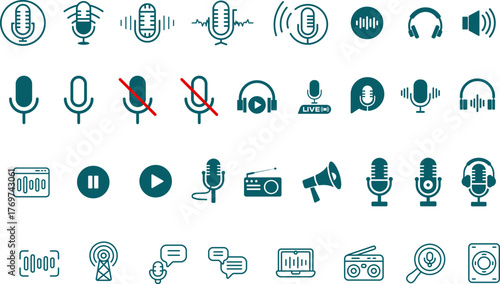 Audio technology icon collection with microphone variants, sound wave graphics, and broadcast symbols in unified teal palette for digital media interfaces