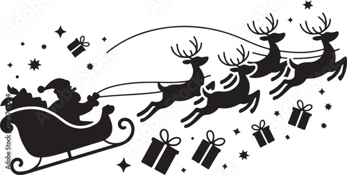 Vector illustration of Santa Claus with reindeer and sleigh delivering gifts in festive Christmas silhouette style