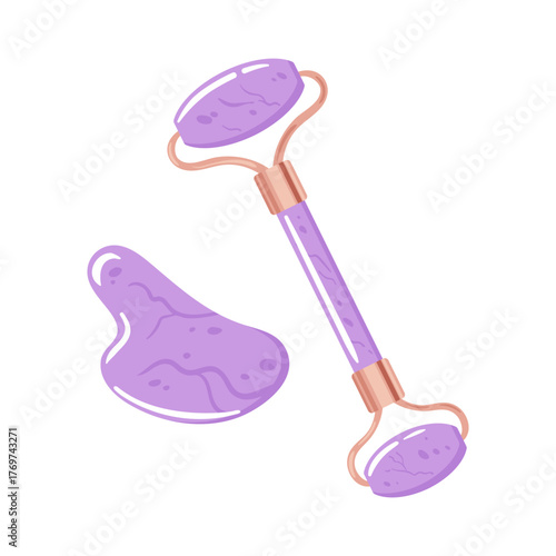 A cute kawaii vector of a gua sha scraper and roller, featuring soft pastel tones, friendly faces, and glossy accents for a friendly skincare vibe.