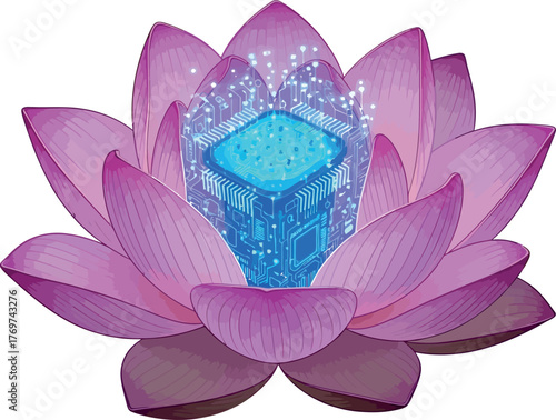 Digital lotus flower with a glowing circuit board core vector illustration representing technology and spirituality perfect for tech companies and mindfulness apps