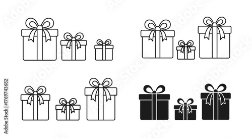 Minimalist vector icon set of gift boxes with ribbons and bows