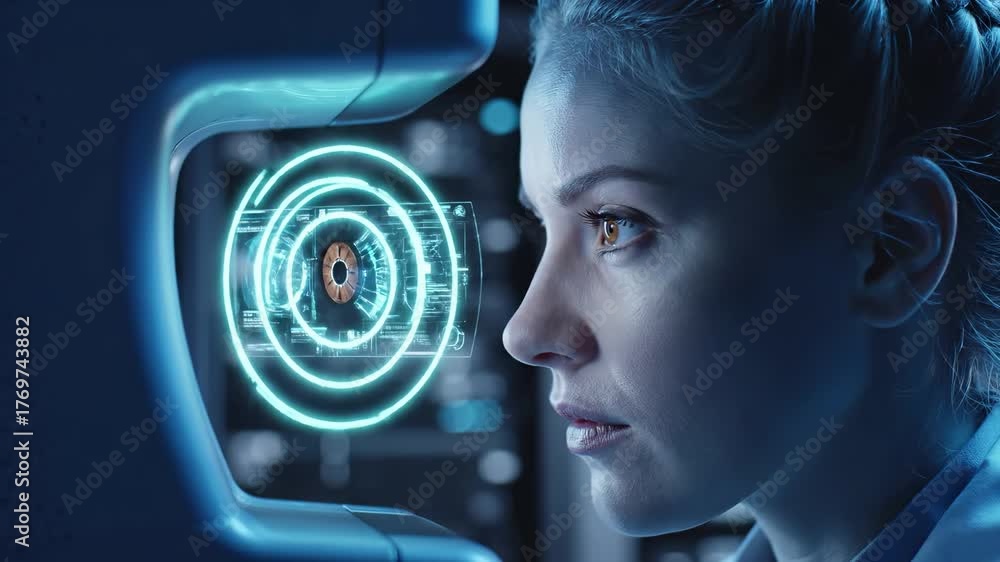 Woman undergoes biometric iris scan with futuristic holographic ...