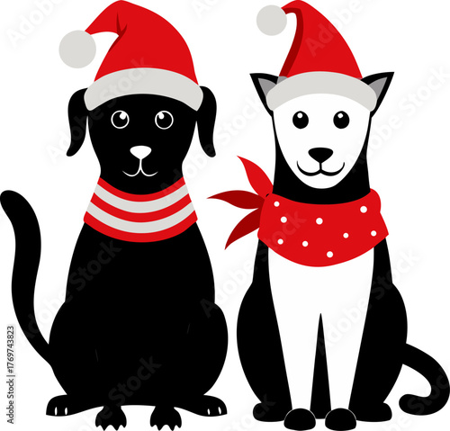 Christmas pets  dogs and cats wearing Santa hats and scarves, flat cartoon set silhouette  vector black , white background 