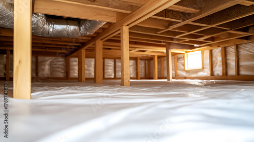 Fototapeta Naklejka Na Ścianę i Meble -  A view of a crawl space with wooden supports and a plastic liner on the ground, providing a dry and stable environment for the home above, with some light coming from a window.