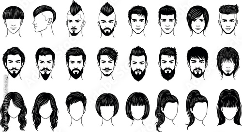 Collection of diverse male and female hairstyle vector illustrations featuring modern, classic, trendy, and artistic haircut designs for fashion use.