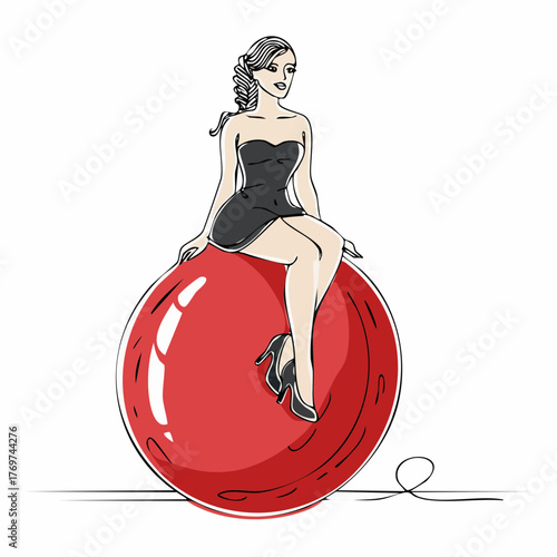 elegant strapless black-dress sitter poised atop glossy red sphere