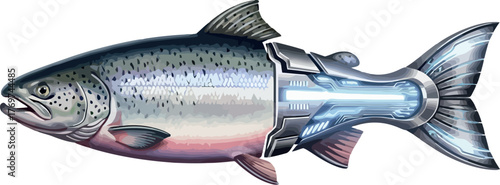 Cybernetic salmon illustration a futuristic fish with mechanical enhancements concept for biotechnology and marine engineering