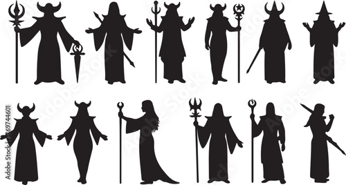 Fantasy wizard silhouettes set, black magical sorcerer figures, witch and mage collection isolated on white background