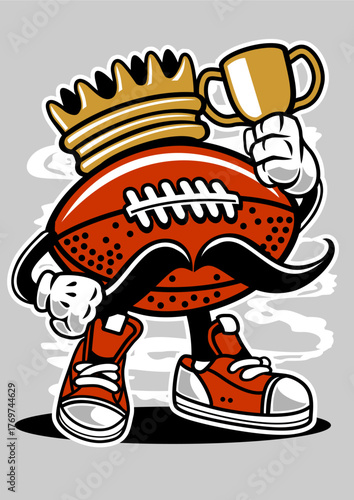 This cheerful image portrays a cartoon football character proudly holding a trophy and wearing a crown, encapsulating the joy of victory in sports and playful teamwork spirit.
