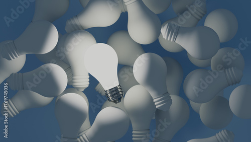 One Bright Idea — Illuminated Light Bulb Among Many