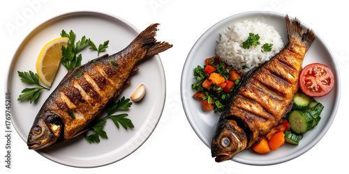 A top view of a white plate with a fried whole fish, garnished with garlic, herbs, and a wedge of lemon, isolated on transparent background	