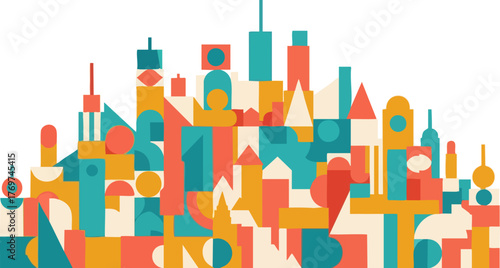 Abstract geometric cityscape illustration with colorful buildings and structures