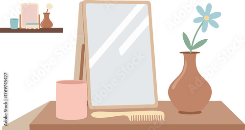 Vanity table with mirror and flower vase in a cozy and minimalist bedroom setting