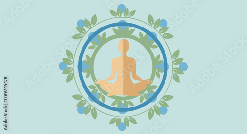 Meditating figure surrounded by floral wreath in peaceful wellness and zen design
