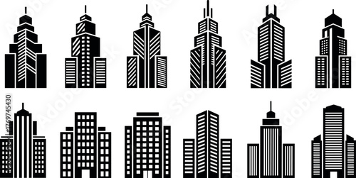 Set of modern and traditional high-rise skyscraper icons in black and white, perfect for architecture, cityscape, and urban design themes.