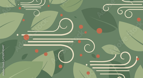Abstract nature pattern featuring leaves wind swirls and scattered red dots