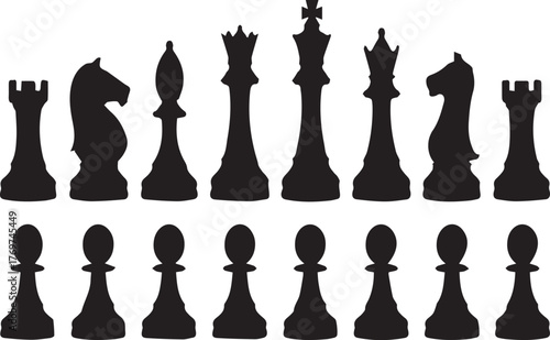 Black silhouette chess pieces arranged in two rows on a white background chess set rook
