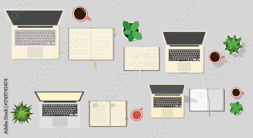 Flat lay of laptops notebooks plants and coffee cups on a neutral background