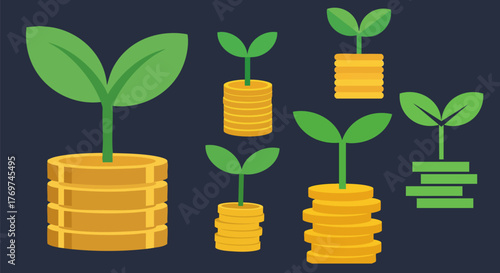 Growing investments concept with plants sprouting from stacks of gold coins vector