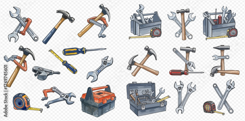 A comprehensive watercolor illustration set featuring a variety of essential hand tools and toolboxes for construction and repair projects.