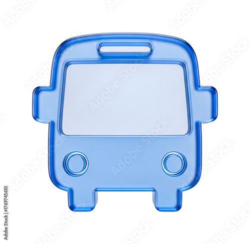 Simplified blue icon of a bus in a glossy, translucent style, illustrating a front view with round headlights and a rectangular windshield.