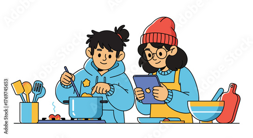 Illustrated scene of two young friends cooking together, following a digital recipe on a tablet