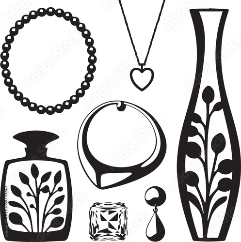 Black silhouette collection of jewelry perfume bottle vase and diamond on white background necklace