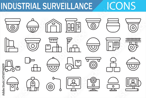 Minimal outline icons for industrial security and monitoring