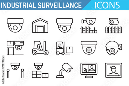 Industrial safety icons: CCTV, sensors, gates, and turnstiles
