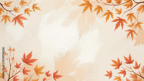 Elegant Watercolor Autumn Leaves Frame Border, Warm Fall Maple Foliage Corner Background, Rustic Watercolor Autumnal Invitation Template, Soft Golden Fall Season Banner Background