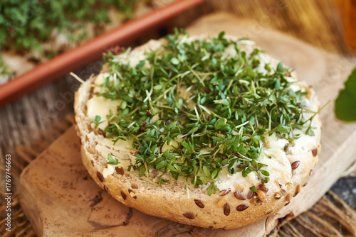 Bun with butter and fresh homegrown garden cress sprouts or microgreens