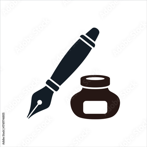 Fountain pen and inkwell illustration on a white background.